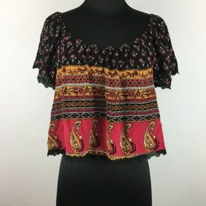 Forever 21 L Boho Top Elasticized Neckline SS